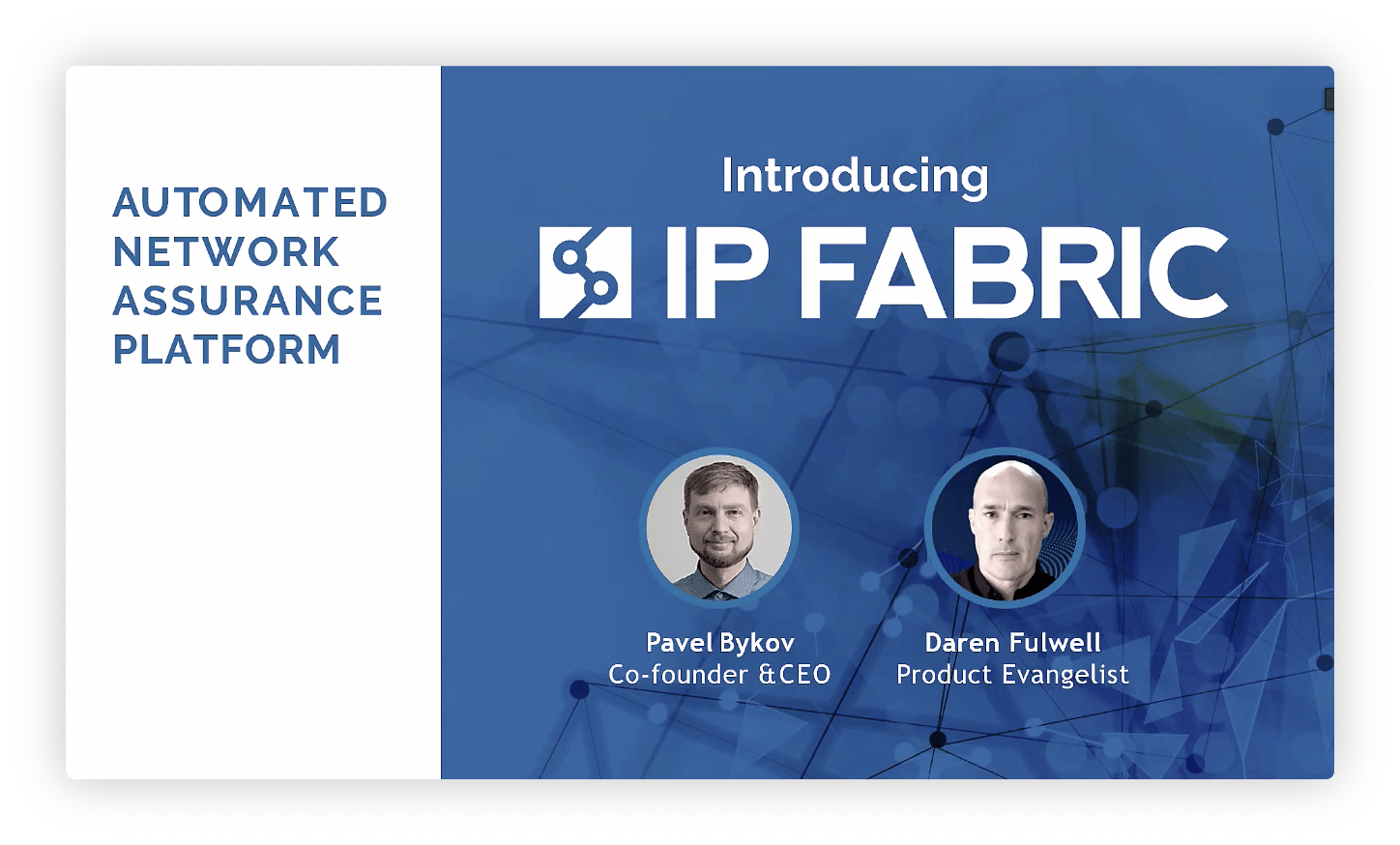 IP Fabric's intro slide with speaker photos.