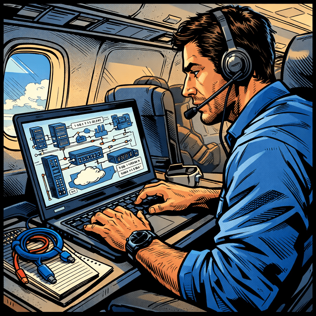 Man with headset working on laptop showing network diagram inside airplane cabin