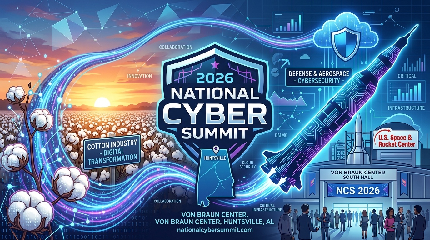 Digital graphic for the 2026 National Cyber Summit featuring a cotton field intertwined with binary code on the left and a high-tech rocket on the right, centered around the summit badge for Huntsville, Alabama.