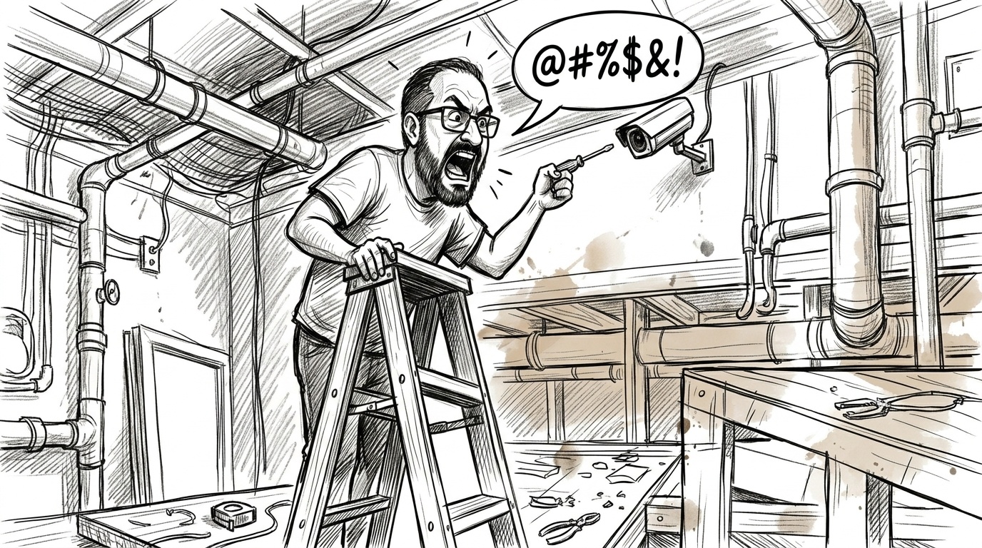 Ben on a ladder yelling at a camera.